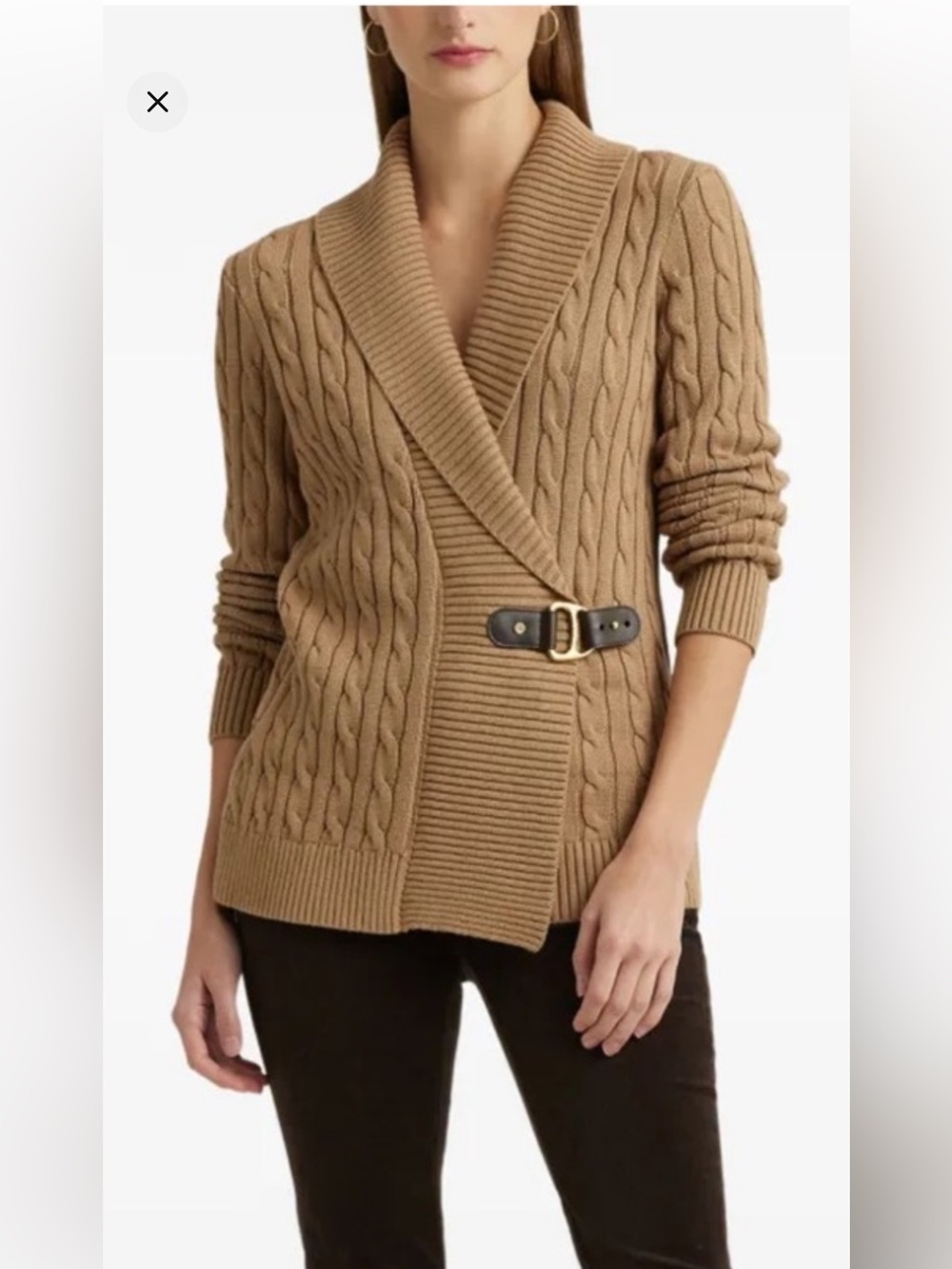 Lauren Ralph Lauren Black label Camel Cable-Knit Wrap Cardigan with Buckle EUC